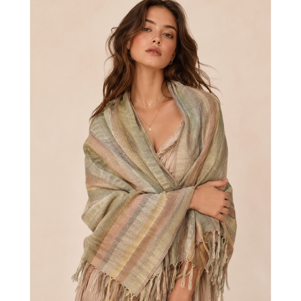 Unbranded Striped Wrap Scarf Womens OS Multicolor Excellent Woven Fringe Shawl
